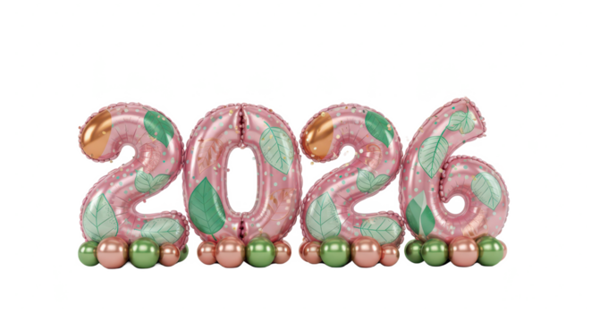 Isolated 3D illustration of the year 2026 in a glossy pink finish, adorned with elegant silver leaf details for a festive design