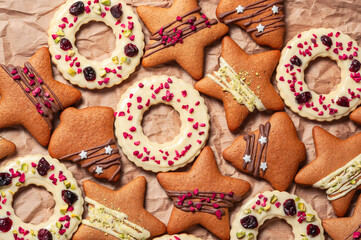 Festive gingerbread cookies with white icing and colorful decorations