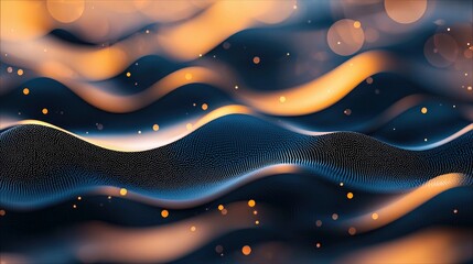 An abstract digital rendering featuring undulating waves of dark blue particles, illuminated by warm orange light and scattered bokeh orbs.