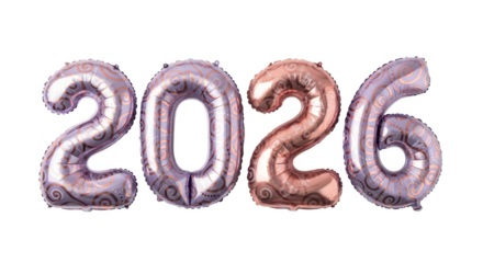 Isolated 3D illustration of the year 2026 in a glossy pink finish, adorned with elegant silver leaf details for a festive design