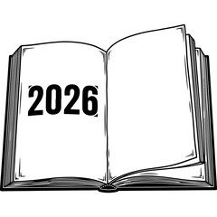Open Book with 2026 Number in Woodcut Style Vector Illustration for New Year, Future Planning, and Goals