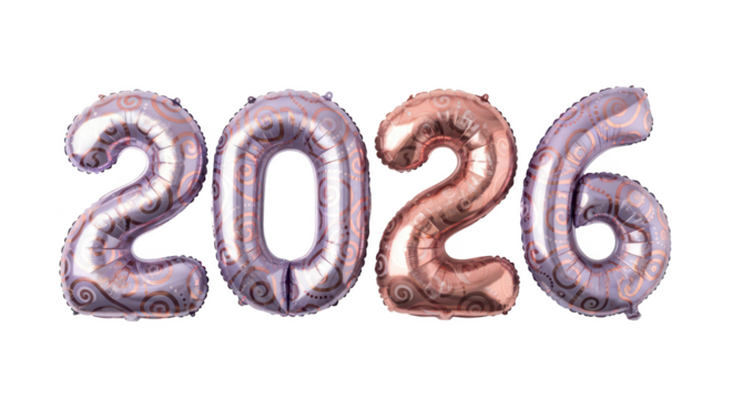 Isolated 3D illustration of the year 2026 in a glossy pink finish, adorned with elegant silver leaf details for a festive design