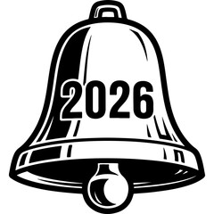 New Year 2026 Celebration Bell Woodcut Style Vector Asset. Festive Engraved Icon for Holiday Greetings and Seasonal Designs.