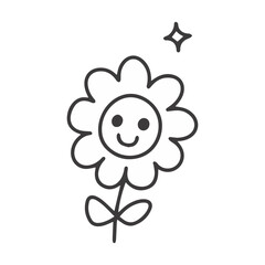 A cute black and white doodle of a smiling flower with a happy face and a sparkle star. Hand-drawn daisy character representing spring and joy.