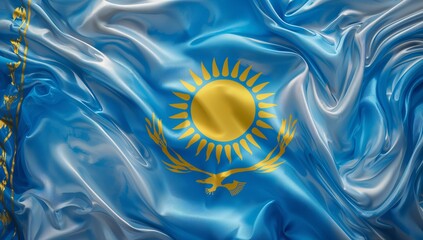 Displaying glossy blue Kazakhstan flag fabric in studio, showing golden sun, eagle, ornamental band