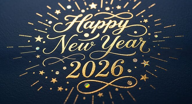 Golden happy new year 2026 lettering on dark blue background - Powered by Adobe