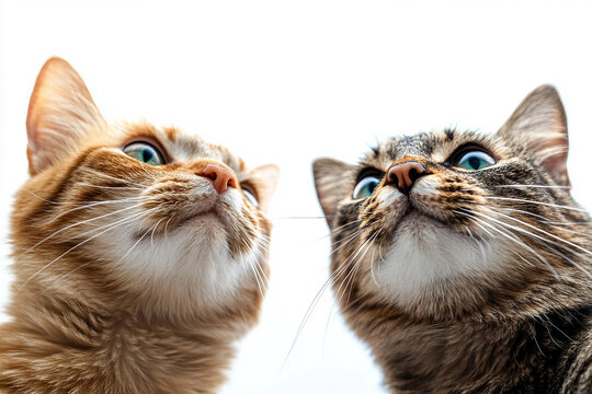 Funny Close Up Generative AI Portrait of Two Cats Looking Up with Curious Expressions