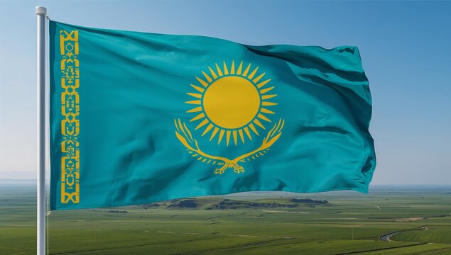 Waving large teal-blue flag with gold sun and eagle, mounted on silver flagpole over green fields - Powered by Adobe
