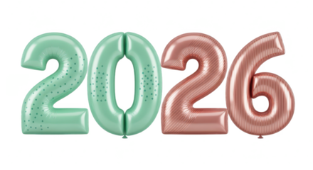 Isolated 3D illustration of the year 2026 in a glossy pink finish, adorned with elegant silver leaf details for a festive design