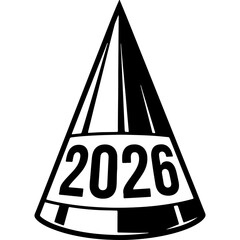 New Year 2026 Celebration Party Hat Vector Icon in Woodcut Style. Festive Line Art Graphic for Happy Occasions.