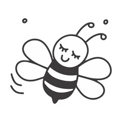 A black and white doodle of a sleepy bee dozing off while hovering. Cute tired insect character with closed eyes, representing rest or dreams.