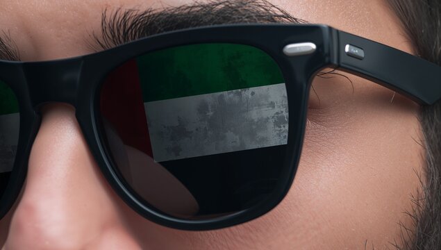 Capturing close up male face wearing black wayfarer sunglasses in studio, reflecting UAE flag - Powered by Adobe