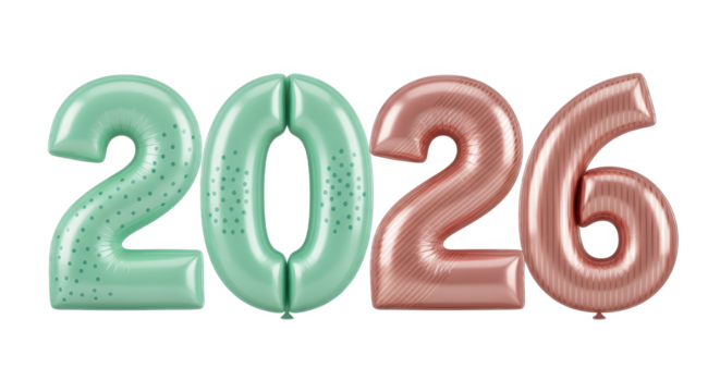 Isolated 3D illustration of the year 2026 in a glossy pink finish, adorned with elegant silver leaf details for a festive design