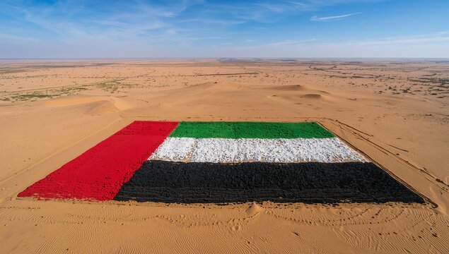 Displaying large UAE flag lying on flattened sand, covering dunes, showing tire tracks and scrub