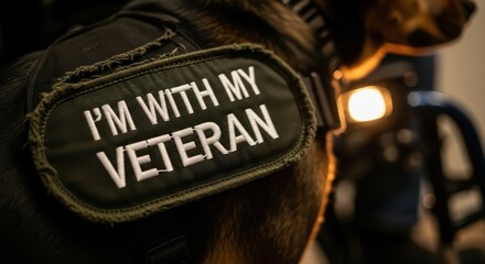closeup of service dog vest patch text i'm with my veteran. animal helper near wheelchair. military disability support concept. social media, website banner.