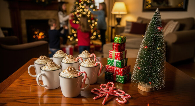 Family enjoying hot cocoa and gifts by a decorated Christmas tree on holiday evening.