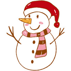 Christmas vintage cartoon cute snowman in Santa hat and scarf hand drawn illustration sketch