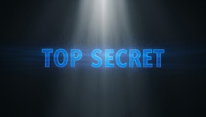 Displaying centered holographic neon-blue TOP SECRET text in dark control room, vertical spotlight