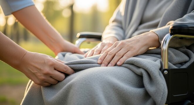closeup of caucasian hands adjusting blanket on senior parent in wheelchair. caregiver support and assistance in park. elderly care concept. banner, website header.