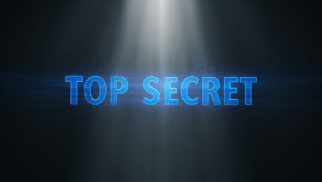 Displaying centered holographic neon-blue TOP SECRET text in dark control room, vertical spotlight - Powered by Adobe