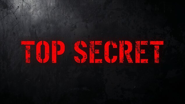 Displaying large red stenciled TOP SECRET text on low-lit studio wall, with scratched finish - Powered by Adobe