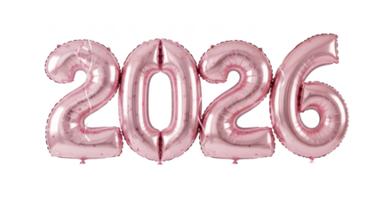 Isolated 3D illustration of the year 2026 in a glossy pink finish, adorned with elegant silver leaf details for a festive design