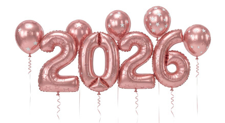 Isolated 3D illustration of the year 2026 in a glossy pink finish, adorned with elegant silver leaf details for a festive design