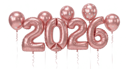 Isolated 3D illustration of the year 2026 in a glossy pink finish, adorned with elegant silver leaf details for a festive design