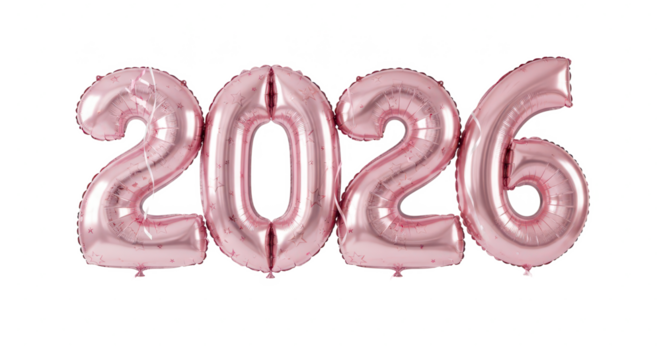 Isolated 3D illustration of the year 2026 in a glossy pink finish, adorned with elegant silver leaf details for a festive design