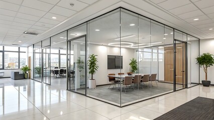 Bright and modern office space with glasswalled conference rooms, providing a transparent and collaborative environment for business meetings and teamwork