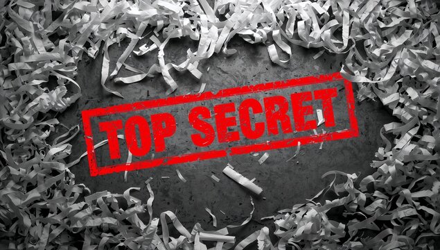 Displaying red TOP SECRET stamp lying diagonally on dark tabletop, with shredded strips and scrap