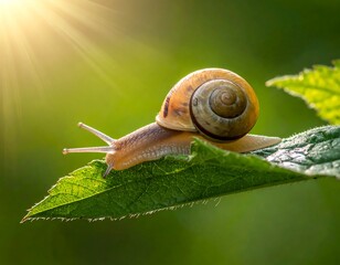 A snail crawls across a leaf with sunlight streaming