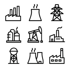 Industrial icons set: factories, oil rig, power plants, and energy structures