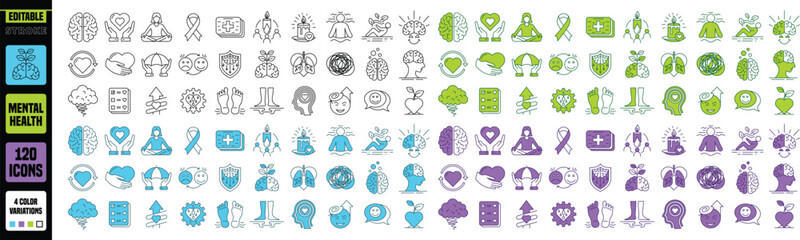 Mental health and well-being flat line icons set outlining essential concepts in psychology emotional balance and self-care practices in daily life