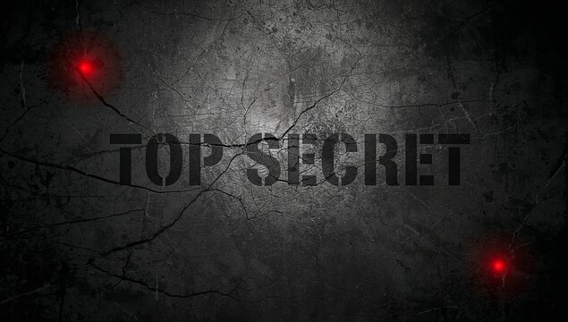 Displaying stenciled TOP SECRET letters on cracked metal vault door, with two red glowing points