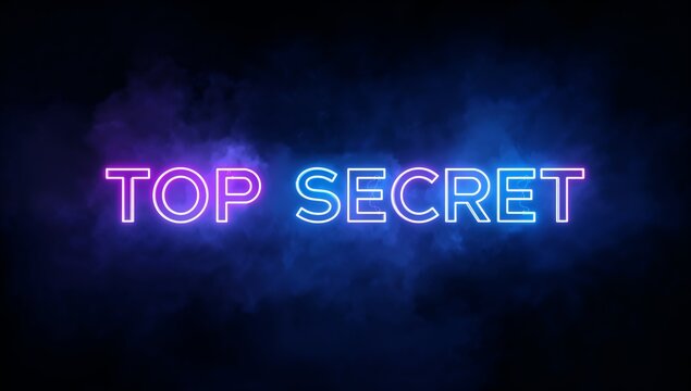 Glowing neon TOP SECRET text dominating dark studio backdrop, with purple and cyan smoke