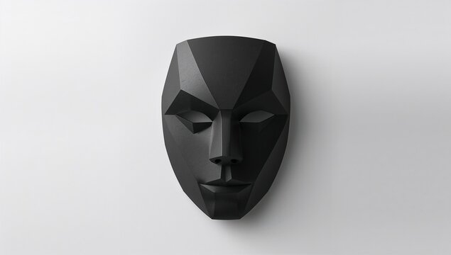 Showing matte black faceted geometric mask casting soft shadow on smooth light-gray wall, minimal - Powered by Adobe