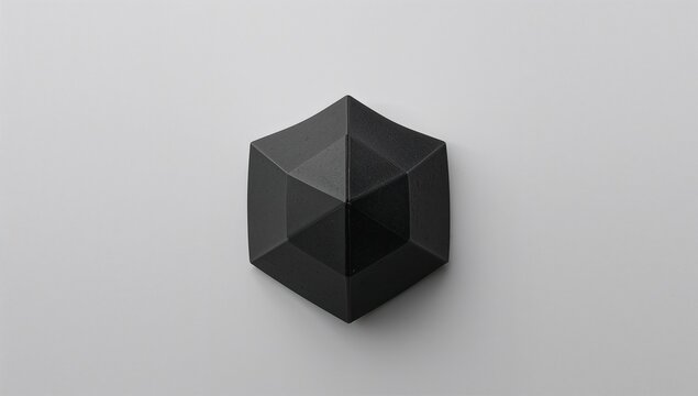 Displaying matte black six-sided faceted polyhedron sitting on light gray tabletop with soft shadow