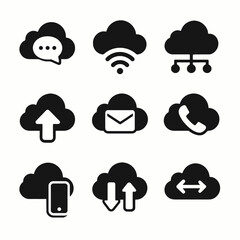 Cloud computing icon set: communication, networking, data transfer symbols