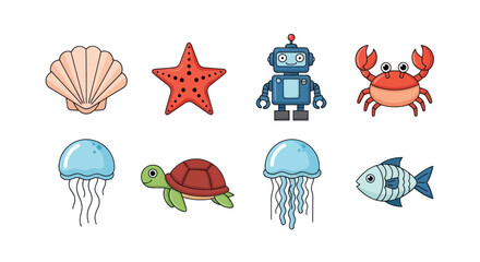 Cartoon ocean creatures set shell starfish robot crab jellyfish turtle fish © Riski