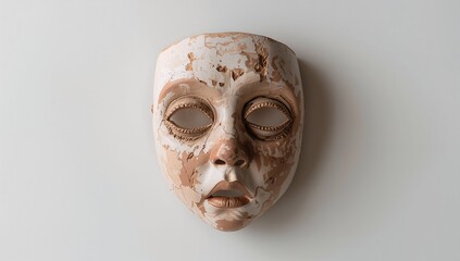 Hanging worn full-face plaster mask on smooth light neutral wall, with peeling paint flakes