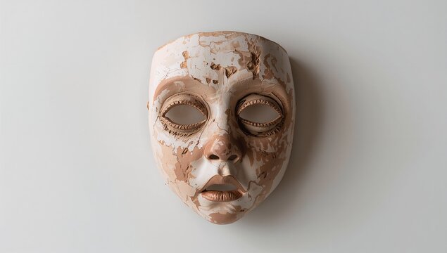 Hanging worn full-face plaster mask on smooth light neutral wall, with peeling paint flakes - Powered by Adobe