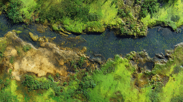 bird's eye view of muddy swamp water with green algae texture