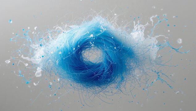 Swirling nest-like mass of blue filaments showing central void in grey backdrop, paint splashes - Powered by Adobe