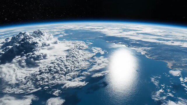 Earth view from space shows ocean, landmasses, swirling cloud formations, and star-filled black void