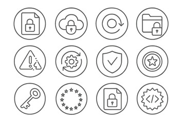 Data Protection Icons. Line style round icons of data protection: file encryption, secure cloud, backup icon, folder lock; data