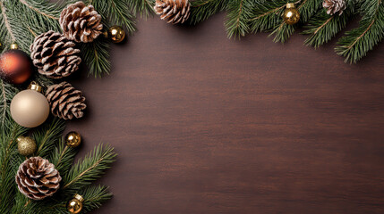 Pine cone gold ornament red ornament green pine branch festive holiday background with cozy