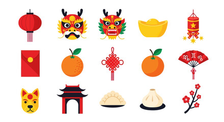 Chinese new year festive icons dragons lanterns and gold on white