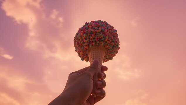 Holding adult hand lifting waffle cone toward sunset sky, showing multicolored coiled candy topping - Powered by Adobe