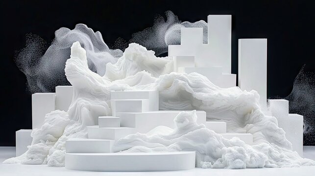 An abstract sculpture made of white, flowing forms and particles arranged on geometric steps, set against a stark black background. - Powered by Adobe